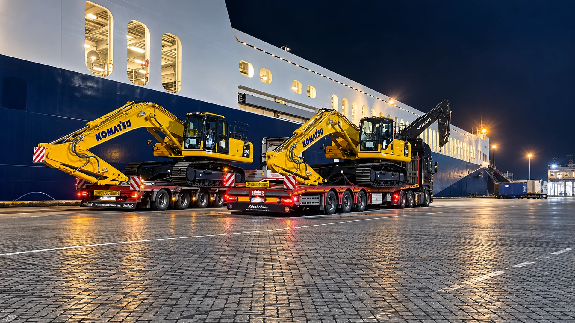 ETNA TRANSPORT special transport of excavators at a ferry terminal.